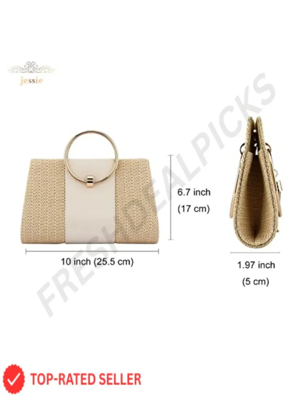 Women's Straw Evening Clutch, Woven Tassel Purse, Ring Handle Party Bag